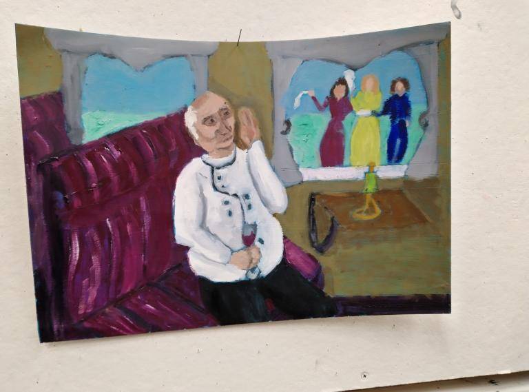 De oude gentleman in de trein wuift naar de kinderen image