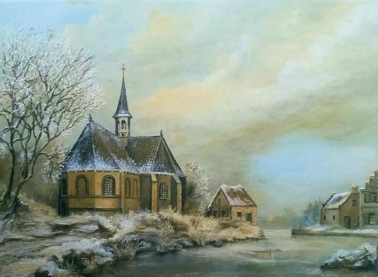 Historisch kerkje in winterlandschap image