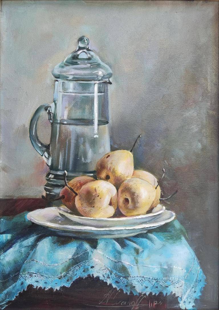"decanter and pears" image