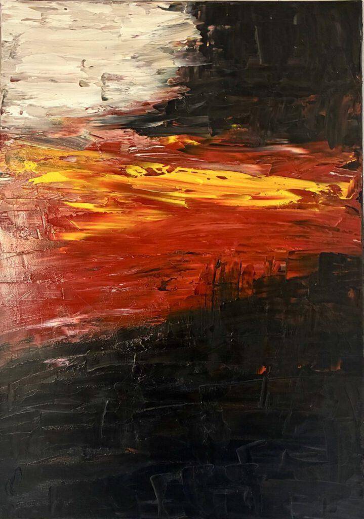 Black, Palette-Knifed with Red and White. Dark Material Painting · Oil on canvas · 2025 · 70 × 50 cm image