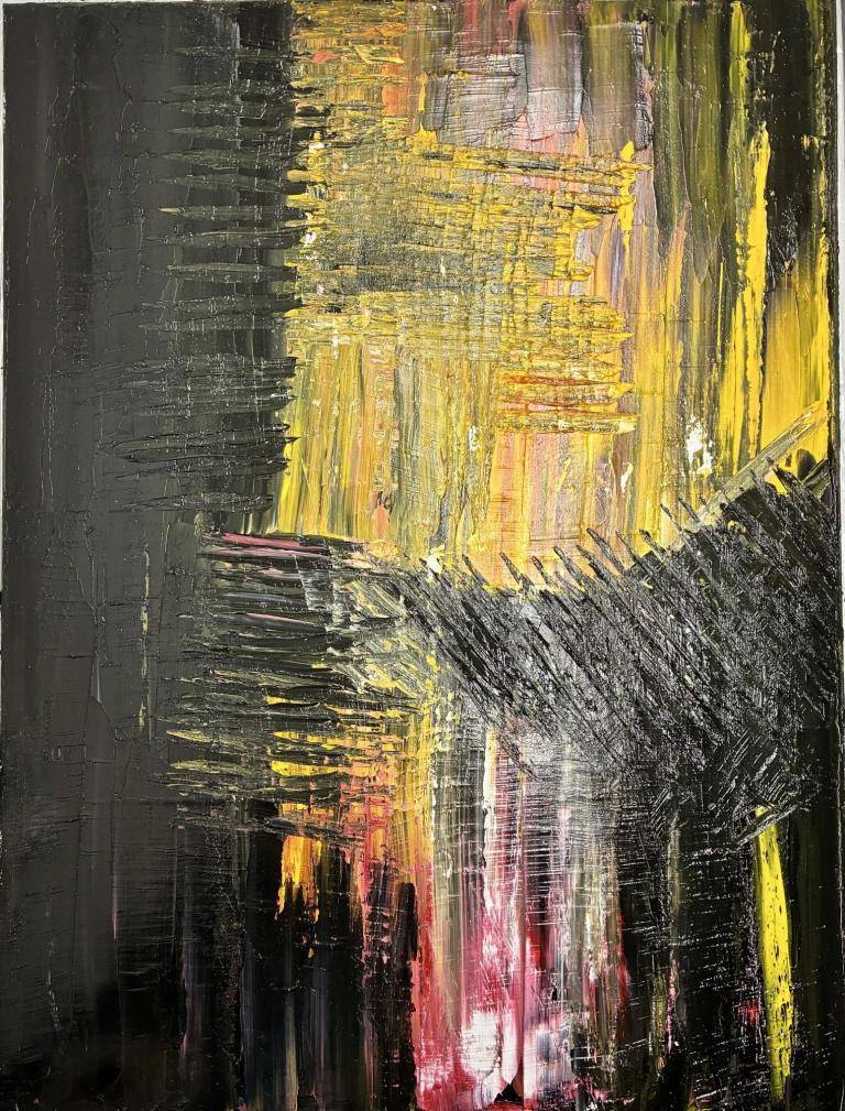 No. 22 · Black, Ochre Yellow, Red 2026 · Oil on canvas, palette-knife technique, craquelure structure · 100 × 80 cm image